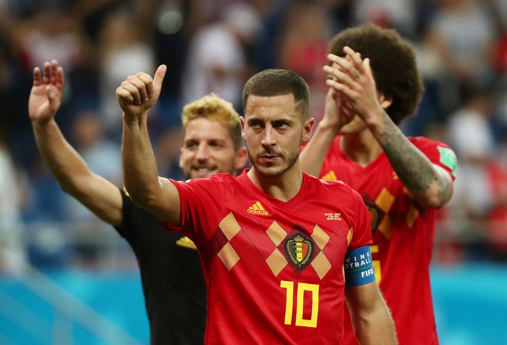 Belgium’s Eden Hazard celebrates after their World Cup Round of 16 match against Japan in Rostov Arena, Rostov-on-Don, Russia July 2, 2018. 