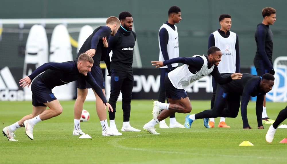 England's Jamie Vardy and Raheem Sterling are seen during a training session in St Petersburg July 10, 2018. u00e2u20acu2022 Reuters pic