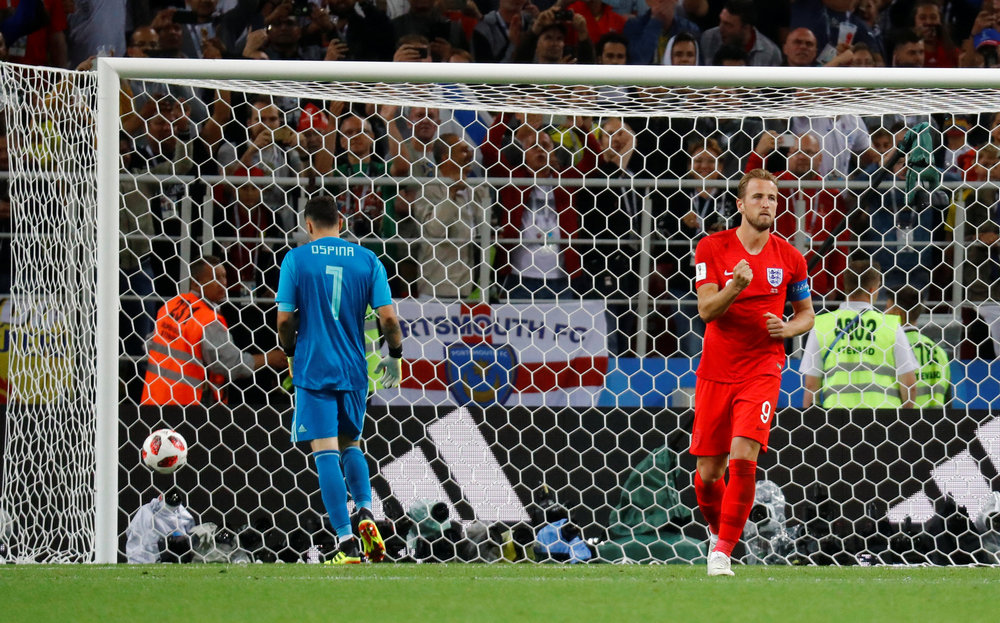 England's Harry Kane celebrates scoring a penalty during the World Cup Round of 16 penalty shootout with Colombia in Moscow July 3, 2018. u00e2u20acu201d Reuters picn