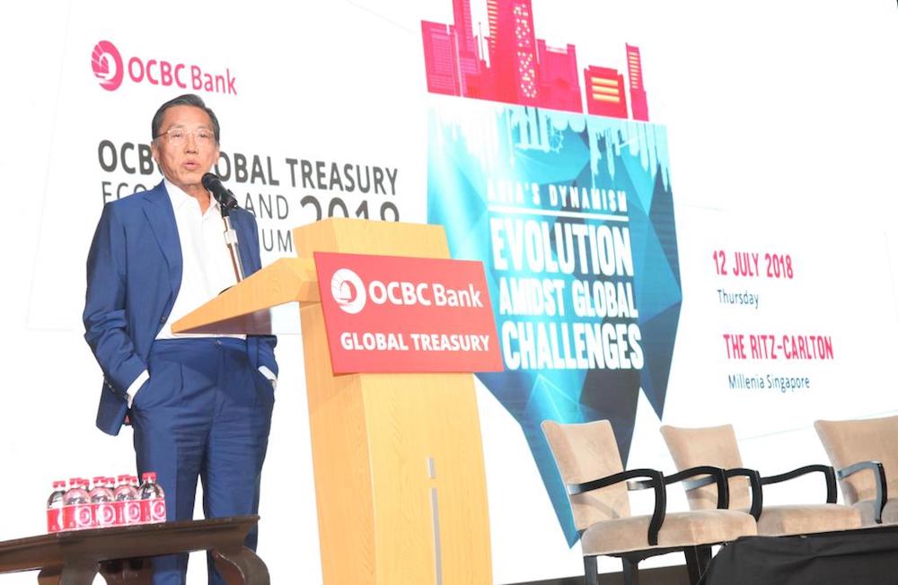 Ho Kwon Ping, Executive Chairman of Banyan Tree, speaks at the OCBC Global Treasury Economic and Business Forum 2018 at The Ritz-Carlton, Millenia Singapore. u00e2u20acu201d TODAY pic