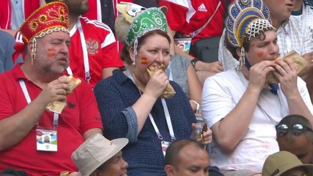 The spectacle of the trio who were picked out by television cameras eating serenely as the countryu00e2u20acu2122s nerves frayed during the match against Spain propelled them to national fame. u00e2u20acu201d Screengrab from YouTube