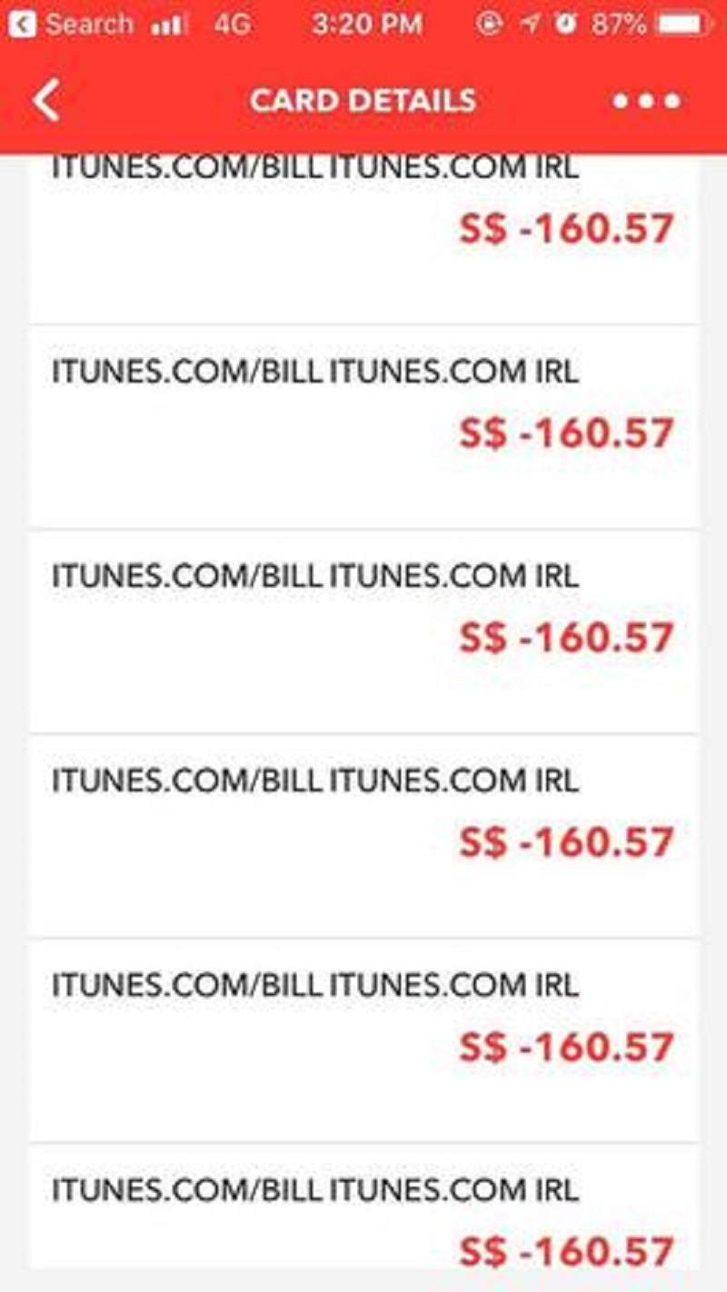 A page from a list of 45 illegal transactions that were made on Legal counsel Patricia Choy's credit via iTunes that amounted to S$7,200. u00e2u20acu201d TODAY pic