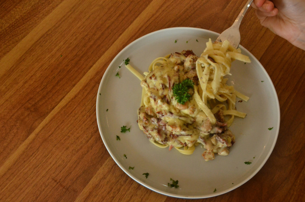 A crowd favourite at iVegan Pizza: Vegan fettuccine with soy cheese and smoked gluten. — Jakarta Globe pic