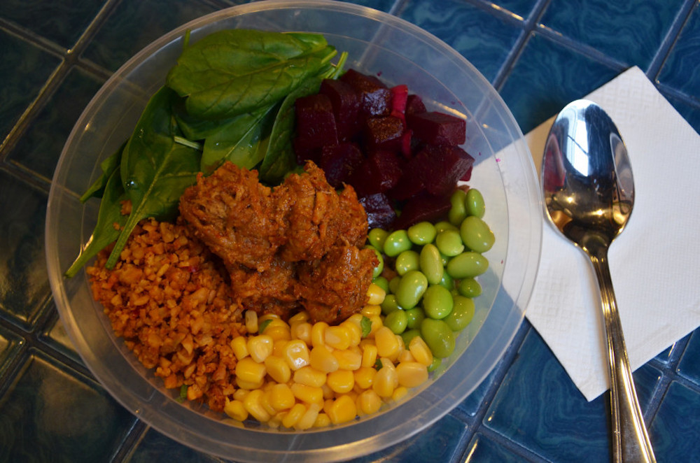 Bluezone Centre’s Vegan Rendang is packed with red rice, mixed raw vegetables and pickled beets. — Jakarta Globe pic