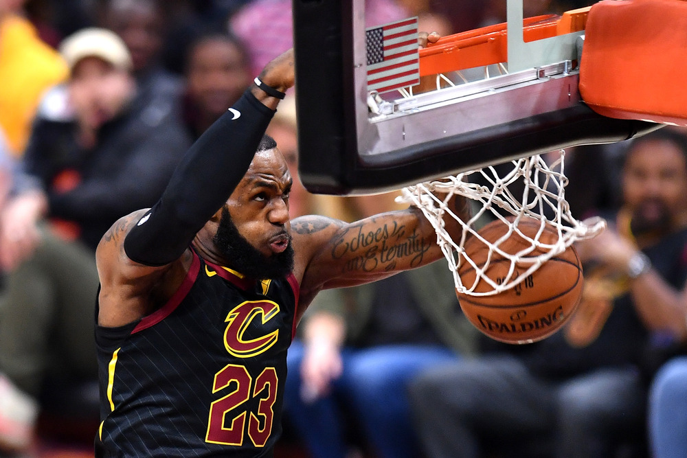 LeBron James of Cleveland Cavaliers dunks against the Golden State Warriors during Game Three of the 2018 NBA Finals at Quicken Loans Arena in Cleveland, Ohio June 6, 2018. u00e2u20acu201d AFP pic n