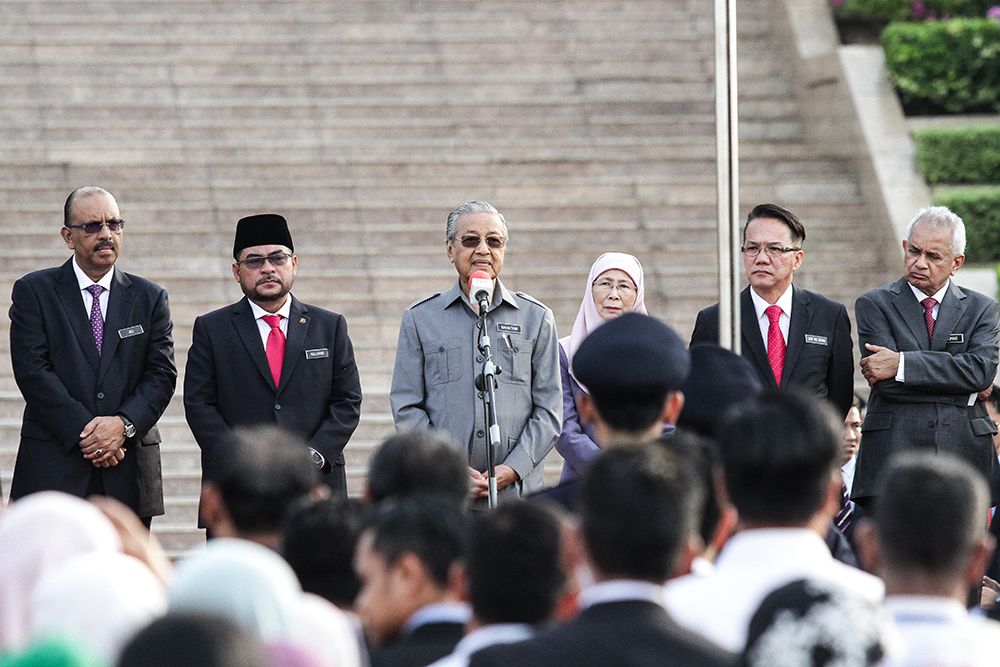 Tun Dr Mahathir Mohamad gives a speech at the Prime Ministeru00e2u20acu2122s Department Monthly Assembly in Putrajaya July 9, 2018. u00e2u20acu2022 Picture by Miera Zulyana
