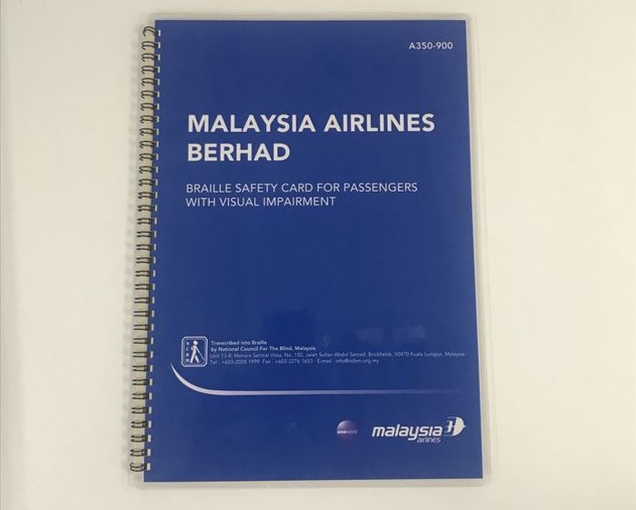 The in-flight braille safety cards allocated in each plane for visually impaired passengers. — Picture courtesy of Malaysia Airlines