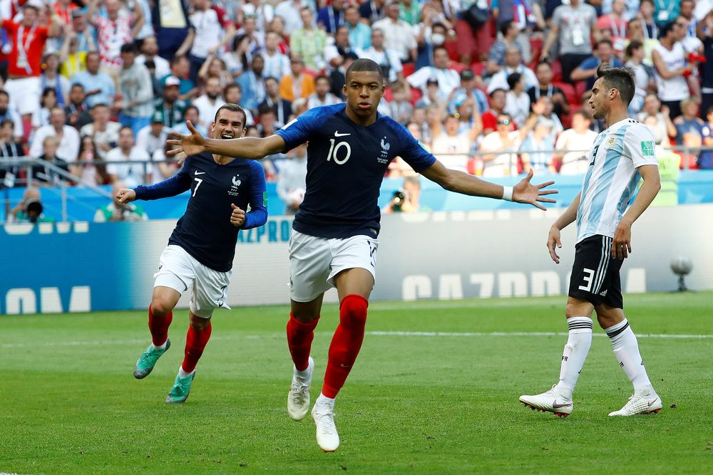 Franceu00e2u20acu2122s Kylian Mbappe celebrates scoring their fourth goal against Argentina during the World Cup Round of 16 match in Kazan Arena, Kazan, Russia, June 30, 2018. u00e2u20acu201d Reuters pic