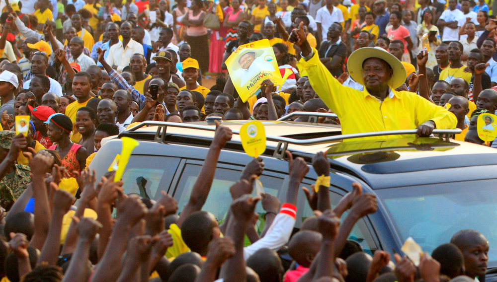 Uganda's President and the presidential candidate Yoweri Museveni waves to his supporters as he arrives at a presidential election campaign rally in Entebbe February 10, 2016. u00e2u20acu201d Reuters pic 