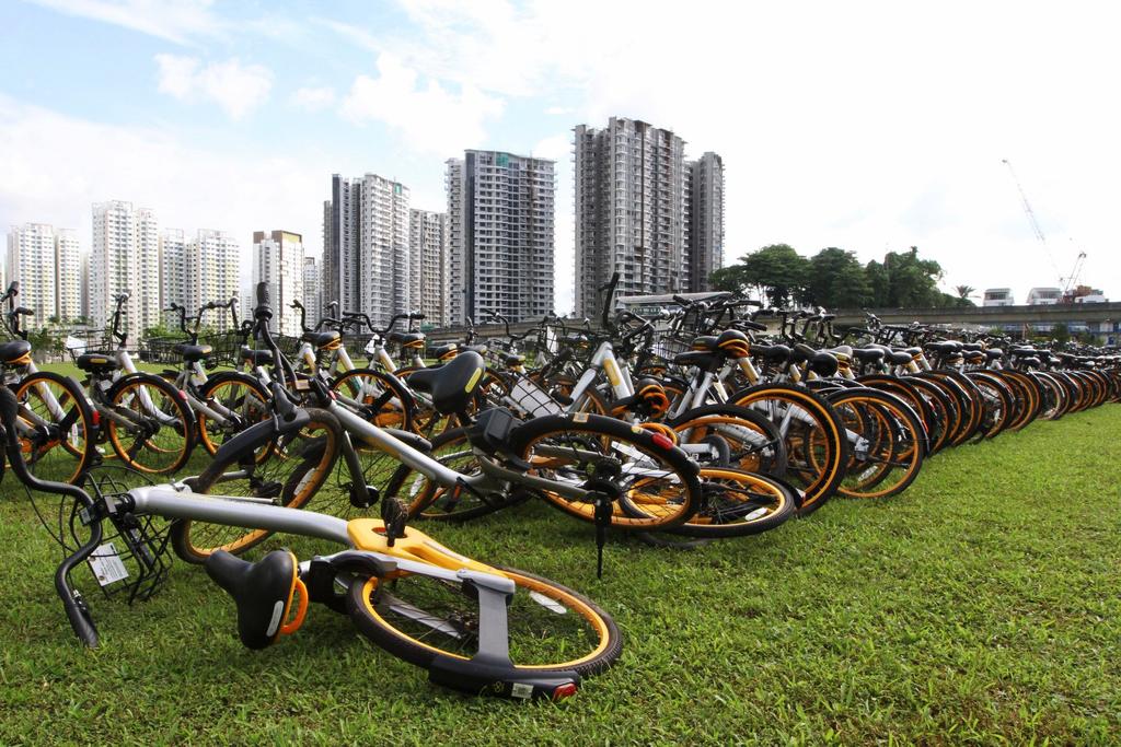 At Fernvale, 195 oBikes were found clustered at a field on Tuesday, July 3, 2018. u00e2u20acu201d Chng Shao Kai/TODAY pic