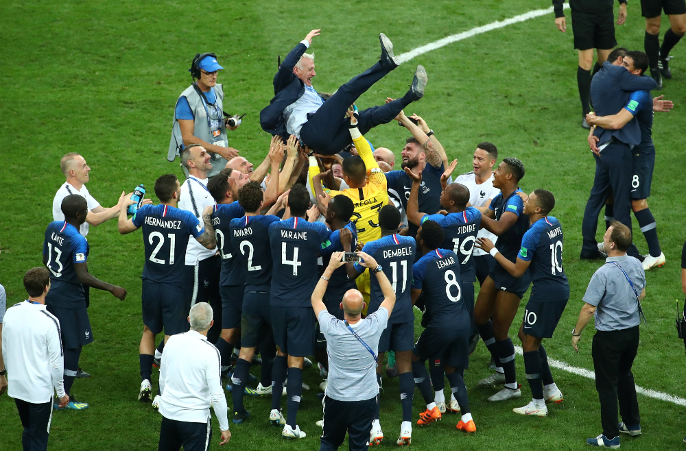France players celebrate winning the World Cup with coach Didier Deschamps after the final match against Croatia at Luzhniki Stadium, Moscow July 15, 2018. u00e2u20acu201d Reuters pic