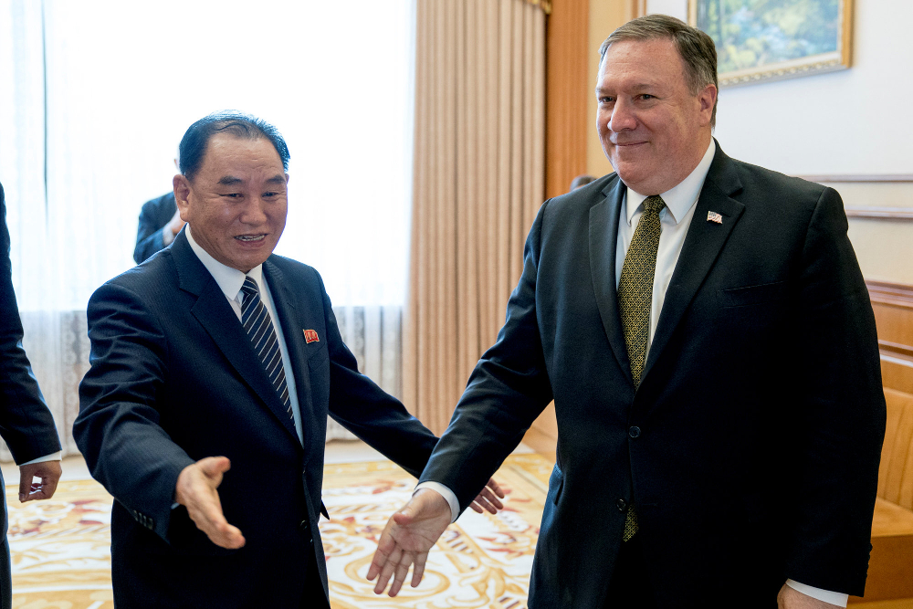 Secretary of State Mike Pompeo (right) and Kim Yong-chol, North Korean senior ruling party official and former intelligence chief, arrive for a lunch at the Park Hwa Guest House in Pyongyang July 7, 2018. u00e2u20acu201d Picture by Andrew Harnik/Pool via Reuters