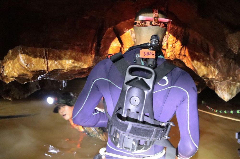 Picture released on July 7, 2018 shows a Thai Navy diver in Tham Luang cave during rescue operations for the 12 boys and their football team coach trapped in the cave at Khun Nam Nang Non Forest Park in Chiang Rai province. u00e2u20acu201d AFP pic