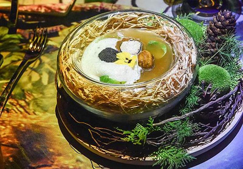 ‘Into the Woods’ features crispy foie gras and wild porcini mushrooms in two ways, topped with duck and truffle consomme that is poured into a glass bowl disguised as a bird’s nest.