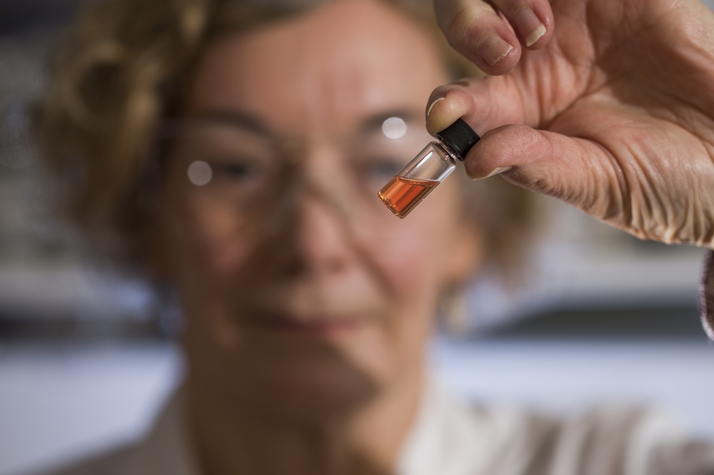 This handout photo taken on June 19, 2018 by the Australian National University shows biogeochemistry lab manager Janet Hope holding a vial of coloured porphyrins, a pink coloured liquid, in Canberra. u00e2u20acu201d AFP pic