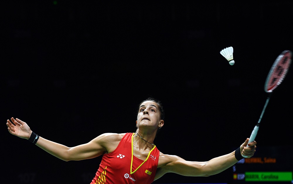 Carolina Marin of Spain hits a shot against Saina Nehwal of India during their women's singles match at the badminton World Championships in Nanjing, Jiangsu province August 3, 2018. u00e2u20acu201d AFP pic