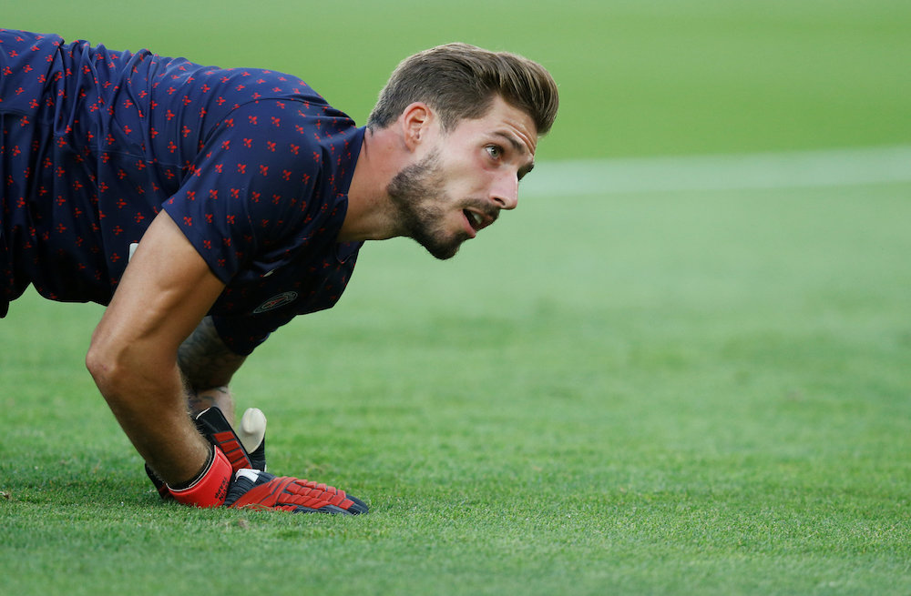 Paris St Germainu00e2u20acu2122s Kevin Trapp is seen during the warm up before the match against Caen in Paris August 12, 2018. u00e2u20acu201d Reuters pic