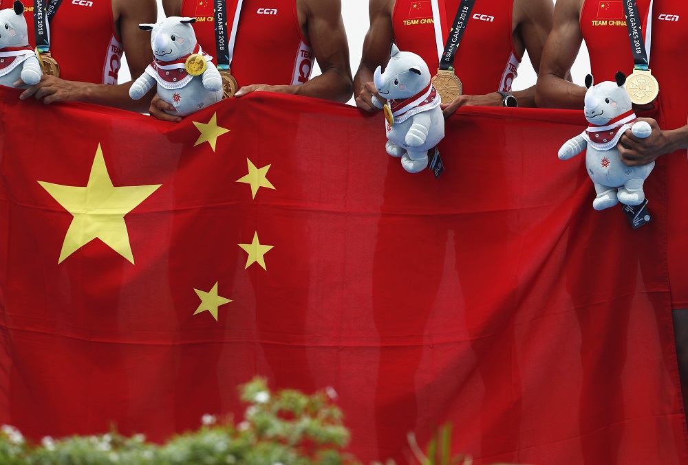 Members of the China team with their gold medals after the Menu00e2u20acu2122s Lightweight Four Final in Palembang August 23, 2018. u00e2u20acu201d Reuters pic