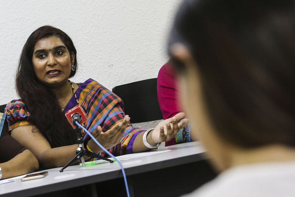 Transgender advocate Sharan Manthira Naidu addresses a press conference in Kuala Lumpur August 24, 2018. — Picture by Hari Anggara