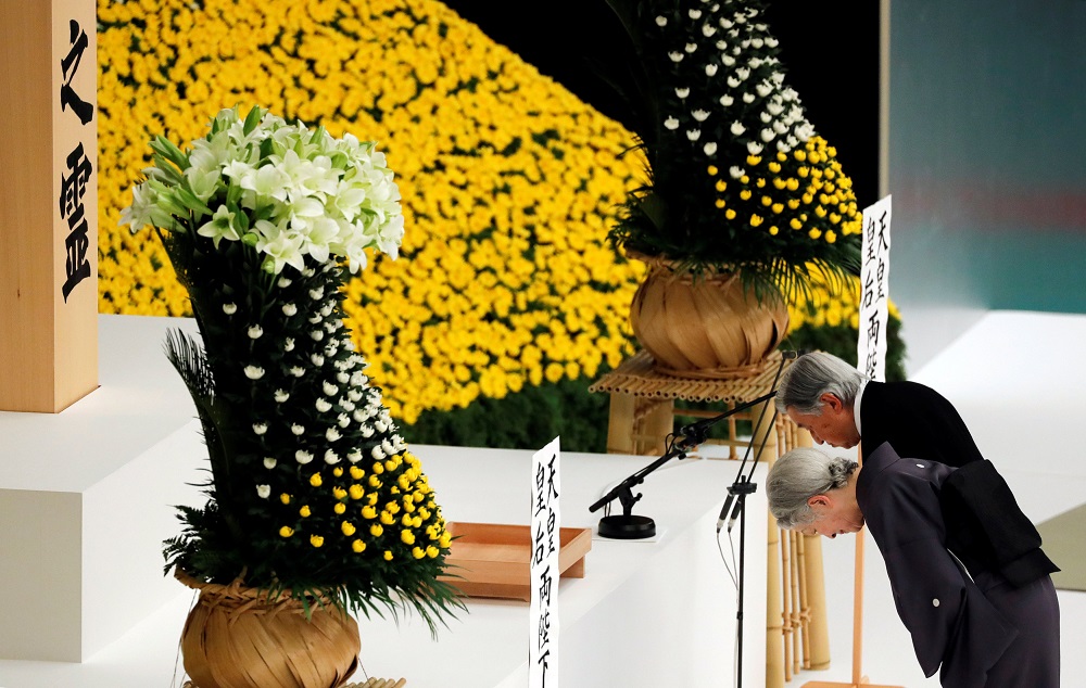 Japan's Emperor Akihito and Empress Michiko bow at an altar at a memorial ceremony marking the the 73rd anniversary of Japan's surrender in World War Two, at Budokan Hall in Tokyo, August 15, 2018. u00e2u20acu201d Reuters pic