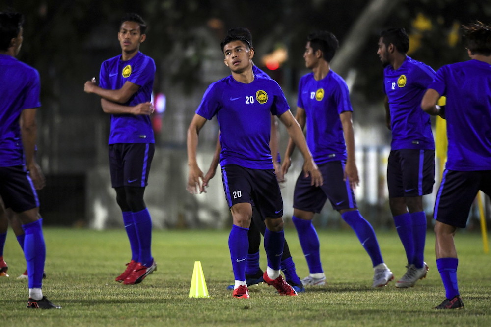 Striker Mohd Syafiq Ahmad attends a training session at Padang B of Gelora Bung Karno in Jakarta August 23, 2018. u00e2u20acu201d Bernama pic