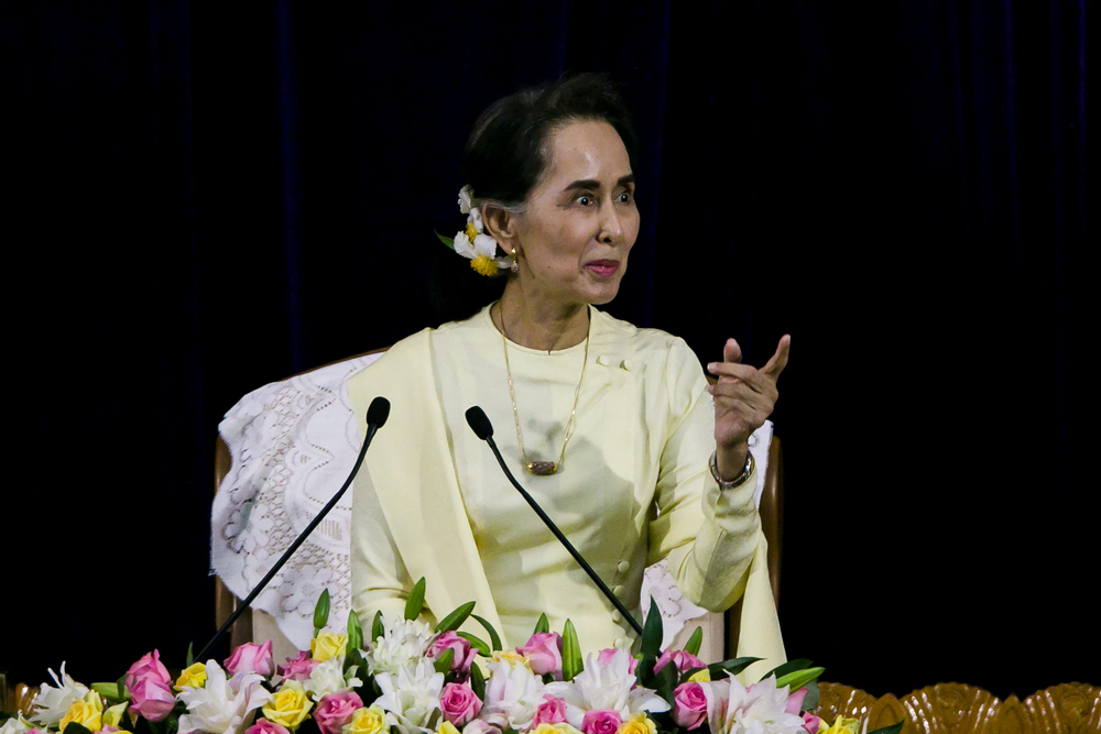 Myanmar State Counsellor Aung San Suu Kyi delivers her address before students of Yangon University general assembly in Yangon August 28, 2018. u00e2u20acu201d AFP pic