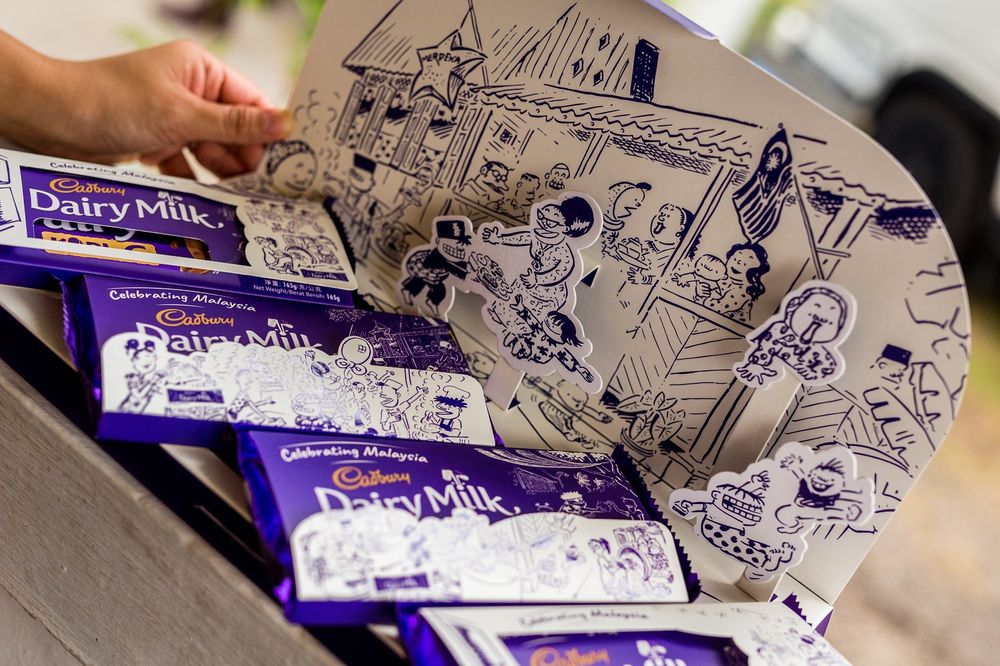 Renowned cartoonist Datuk Lat’s iconic illustrations are featured on selected Dairy Milk products.