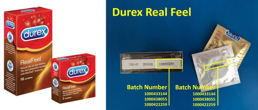 The non-latex Durex u00e2u20acu02dcReal Feelu00e2u20acu2122 condoms being recalled are from the following batch numbers: 1000433144, 1000438055, and 1000422259. u00e2u20acu2022 Picture courtesy of Durex Malaysia