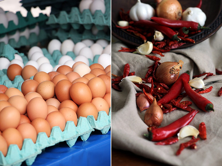 Brown or white, eggs are great (left). Fresh and dried red chillies, shallots and even garlic for heat and aromatics! (right).