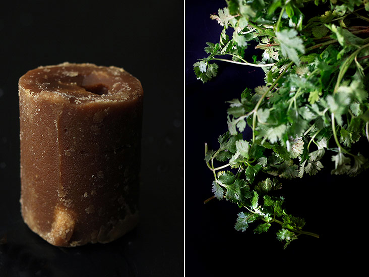 If you don’t have any Thai palm sugar at hand, gula Melaka works too (left). Cilantro: You either love it or hate it (right).