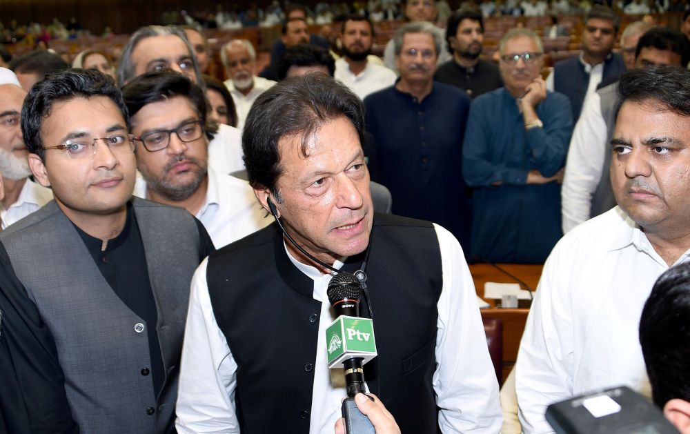 Imran Khan (centre), chairman of Pakistan Tehreek-e-Insaf (PTI) political party speaks after he was elected as Prime Minister at the National Assembly (Lower House of Parliament) in Islamabad August 17, 2018. u00e2u20acu2022 Reuters pic
