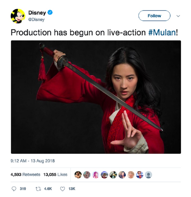 Disney has revealed the first photo of Liu Yifei in the upcoming live-action Mulan - @Disney on twitter.com. u00e2u20acu201d AFP pic