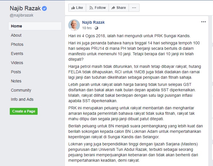 Bersih 2.0 executive director Yap Swee Seng claimed that Datuk Seri Najib Razaku00e2u20acu2122s Facebook reminders to Sungai Kandis voters about Pakatan Harapanu00e2u20acu2122s GE14 promises were a violation of the Election Offences Act 1954. u00e2u20acu201d Picture via Facebook/Najib Razak
