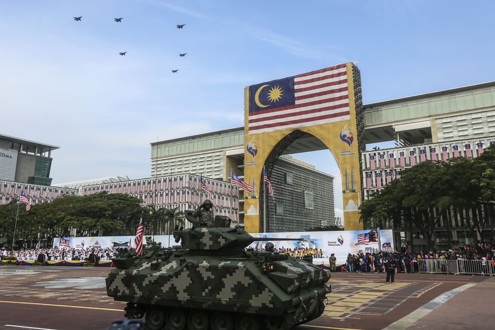 A Malaysian Armed Forces tank drives by during the National Day parade at Dataran Putrajaya August 31, 2018. — Picture by Azneal Ishak