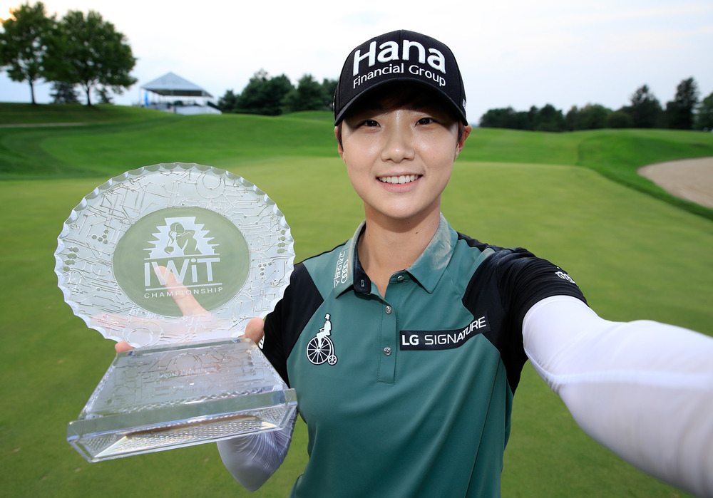 Park Sung-hyun holding the trophy on the 18th green after winning the Indy Women In Tech Championship at the Brickyard Crossing Golf Club, Indianapolis August 19, 2018. u00e2u20acu201d AFP pic