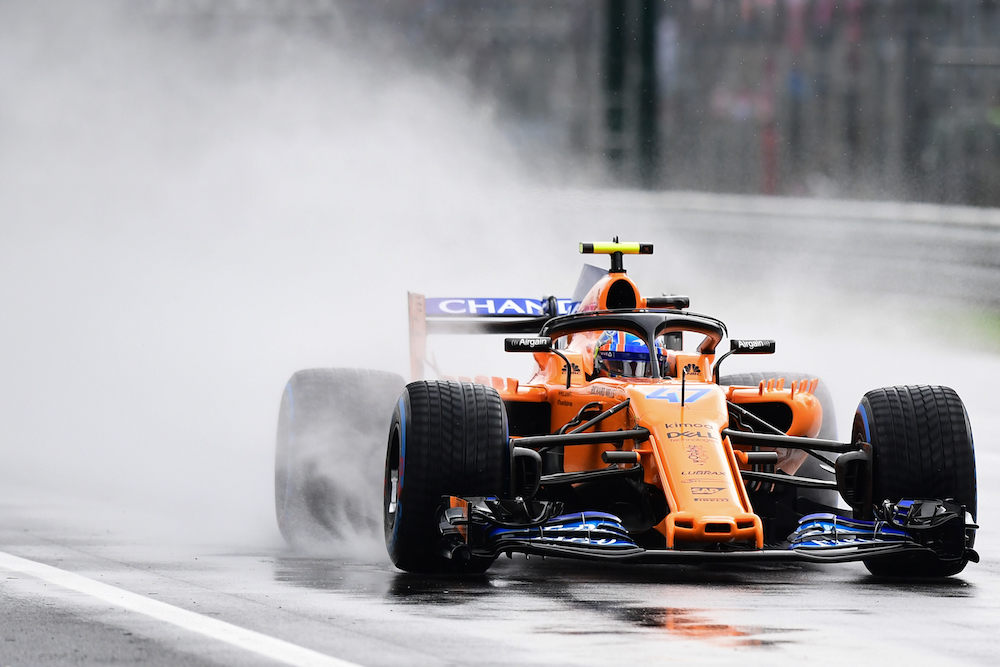 McLarenu00e2u20acu2122s British test driver Lando Norris drives as it rains during the first practice session at the Autodromo Nazionale circuit in Monza August 31, 2018, ahead of the Italian Formula One Grand Prix. u00e2u20acu201d AFP pic