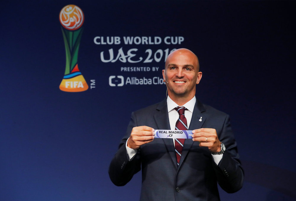 Former Argentina player Esteban Cambiasso displays the name of Real Madrid during the official draw for the Fifa Club World Cup UAE 2018 in Zurich September 4, 2018. u00e2u20acu201d Reuters pic