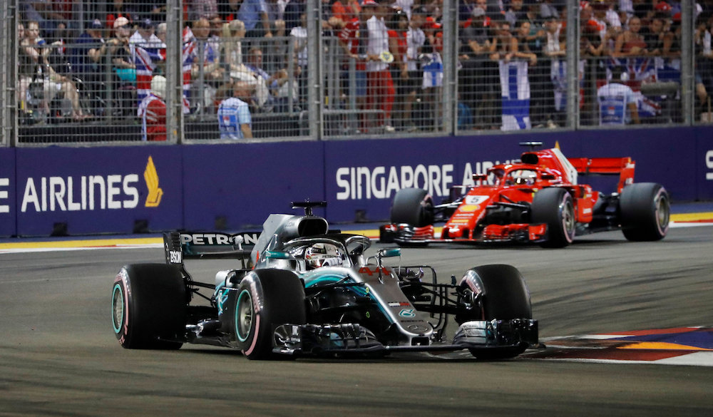 Mercedesu00e2u20acu2122 Lewis Hamilton leads during the F1 Singapore Grand Prix 2018 September 16, 2018. u00e2u20acu201d Reuters pic