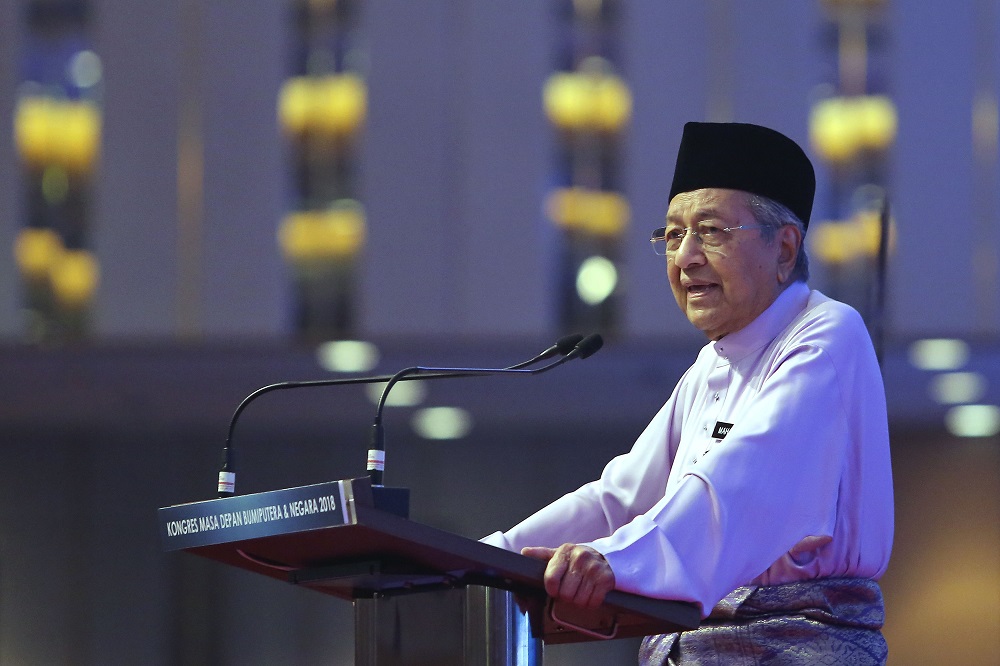 Prime Minister Tun Dr Mahathir Mohamad delivers his keynote speech during the Congress on the Future of Bumiputera and the Nation at the Kuala Lumpur Convention Centre September 1, 2018. u00e2u20acu201d Picture by Yusof Mat Isa