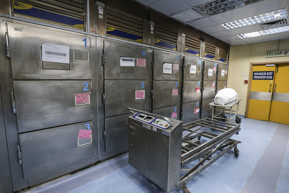 The freezer where bodies are kept in the morgue at Hospital Kuala Lumpur. — Picture by Azneal Ishak