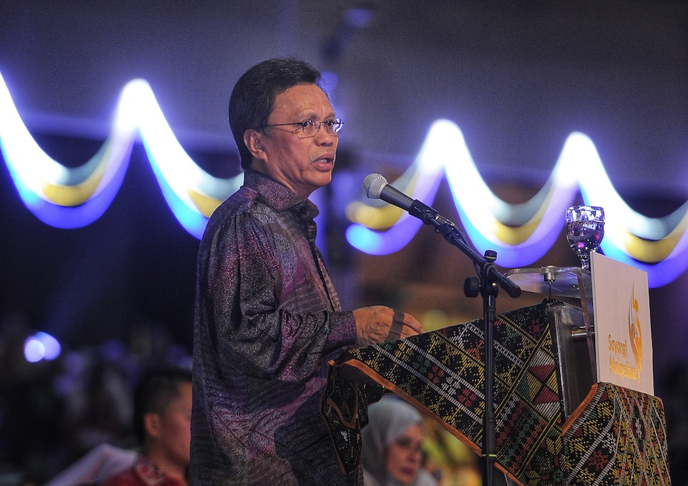 Sabah Chief Minister Datuk Seri Mohd Shafie Apdal speaks during 2018 Malaysia Day Celebrations at Padang Merdeka in Kota Kinabalu September 16, 2018. u00e2u20acu201d Picture by Shafwan Zaidon
