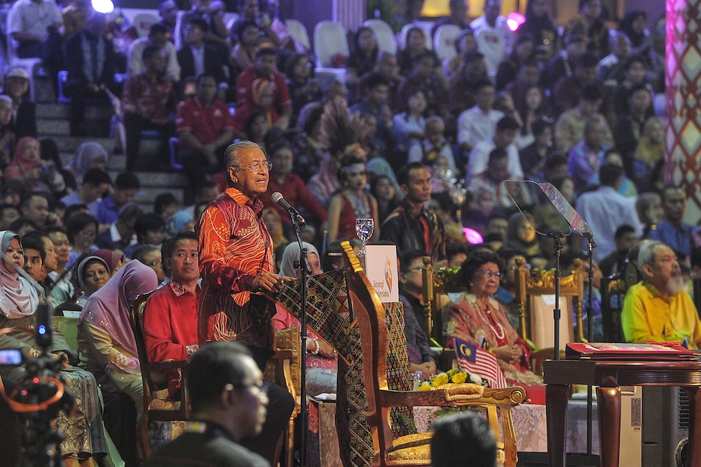 Tun Dr Mahathir Mohamad speaks during 2018 Malaysia Day Celebrations at Padang Merdeka in Kota Kinabalu September 16, 2018. u00e2u20acu201d Picture by Shafwan Zaidon