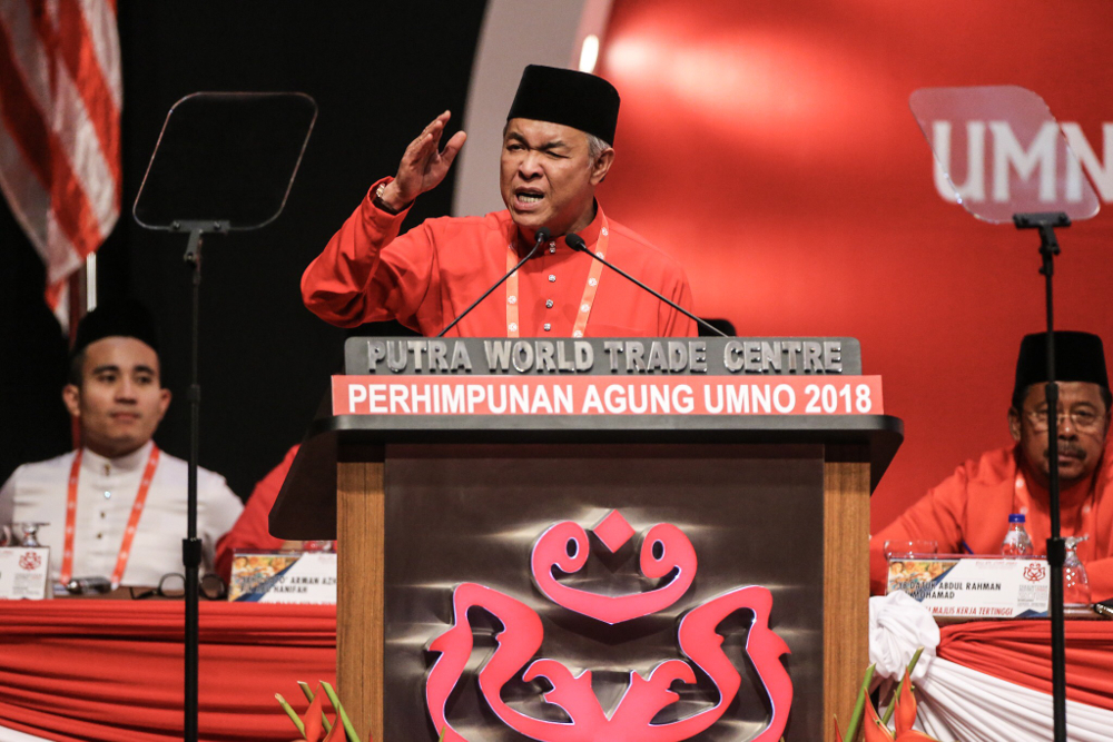 Umno president Datuk Seri Ahmad Zahid Hamidi gives his opening speech during the Umno General Assembly at PWTC, Kuala Lumpur September 29, 2018. u00e2u20acu201d Picture by Hari Anggara