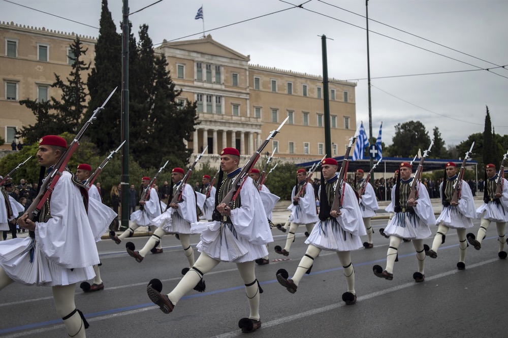 Greek Presidential guards, or Evzones, take part in a military parade in Athens on March 25, 2018, marking Greece's Independence Day. u00e2u20acu201d AFP pic