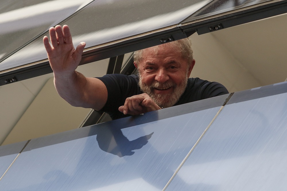 In this file photo taken on April 07, 2018 Brazilian former president Luiz Inacio Lula da Silva waves from a window of the Metallurgical Union, in Sao Bernardo do Campo, Sao Paulo state, Brazil. u00e2u20acu201d AFP pic