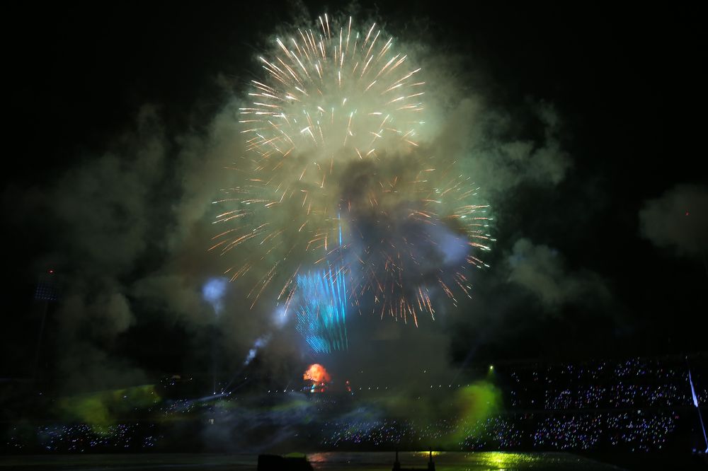 Colourful fireworks light up the night sky over Stadium Perak during the opening ceremony of the 19th Sukma, September 11, 2018. — Picture by Marcus Pheong