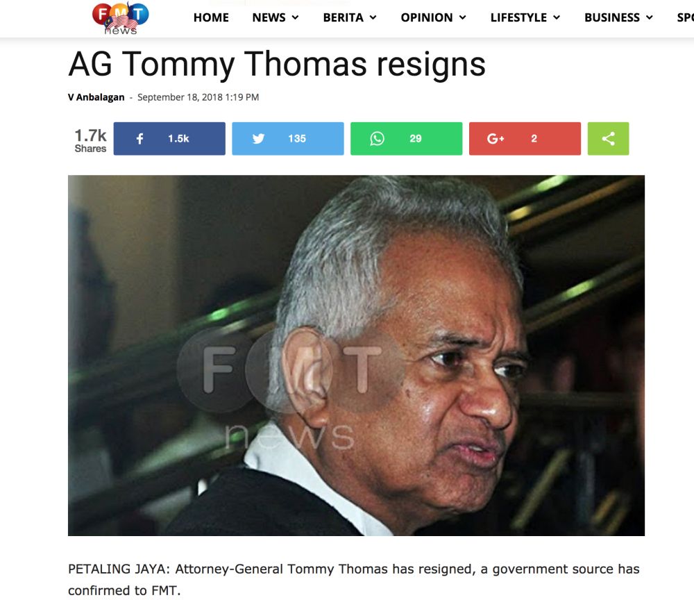 A screenshot of Free Malaysia Today's news report on Thomas' purported resignation before it was taken down from the website September 18, 2018.