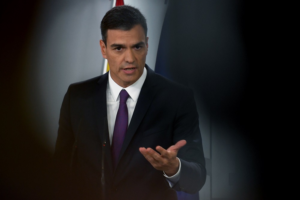 In this file photo taken on August 03, 2018 Spanish Prime Minister Pedro Sanchez gives a press conference after a cabinet meeting at the Moncloa Palace in Madrid on August 3, 2018. u00e2u20acu201d AFP pic