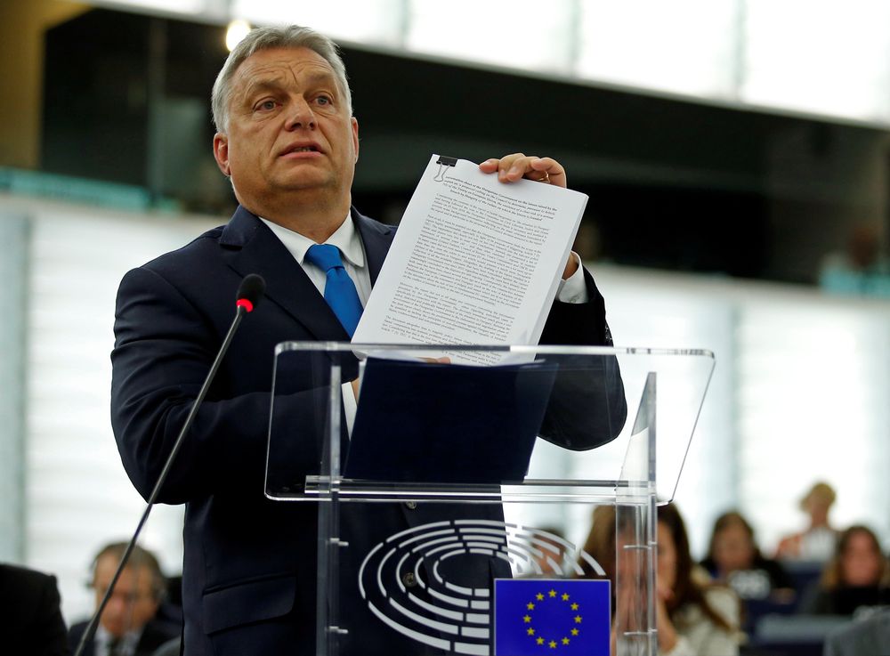 Hungarian Prime Minister Viktor Orban addresses MEPs during a debate on the situation in Hungary at the European Parliament in Strasbourg, France, September 11, 2018. u00e2u20acu201d Reuters pic