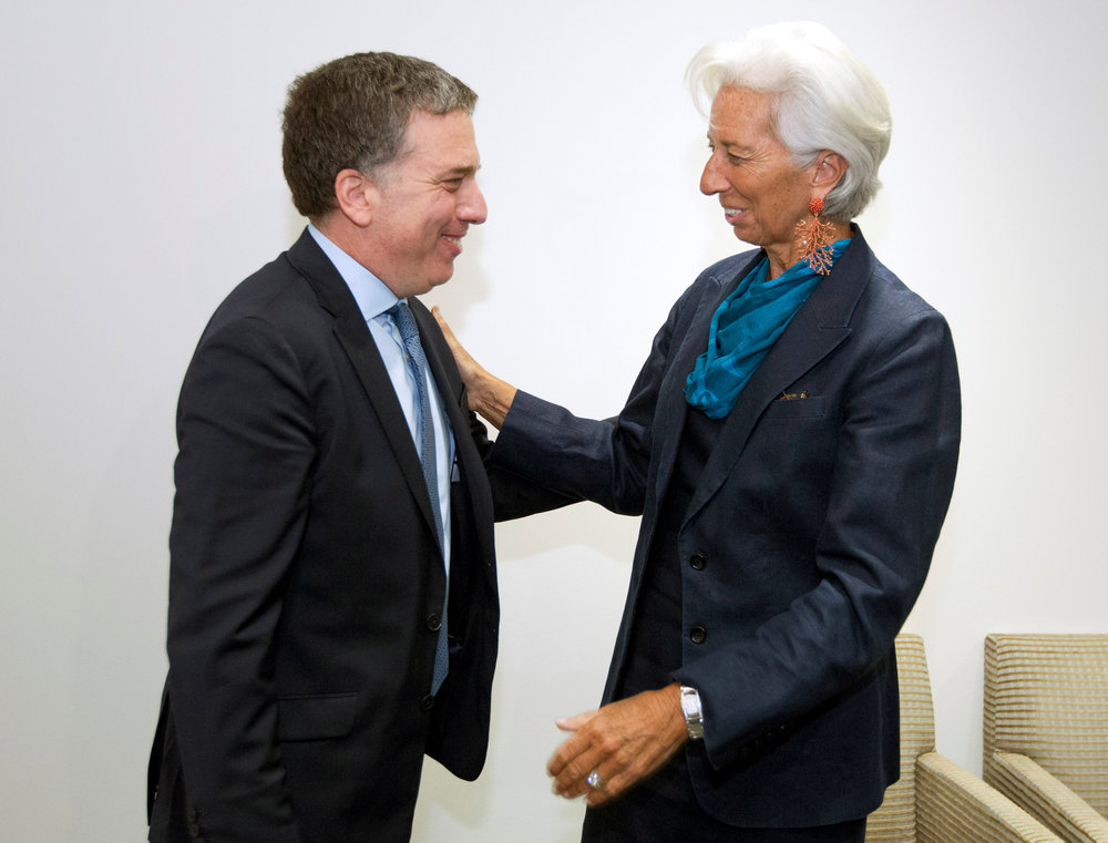 International Monetary Fund (IMF) Managing Director Christine Lagarde (right) greets Argentine Treasury Minister Nicolas Dujovne at the IMF in Washington September 4, 2018. u00e2u20acu201d Reuters pic